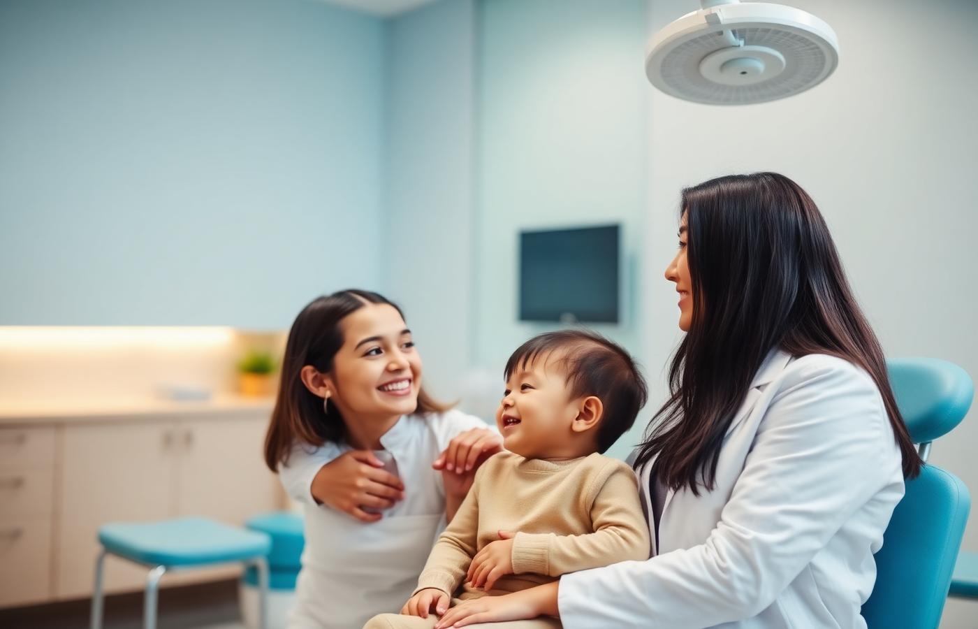 A dentist speaking gently with a parent and young child